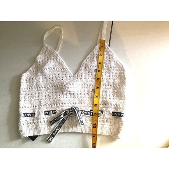 Tommy Jeans White Crochet XS Cropped Cami Top With Straps & Logo Waist Tie - Picture 5 of 7